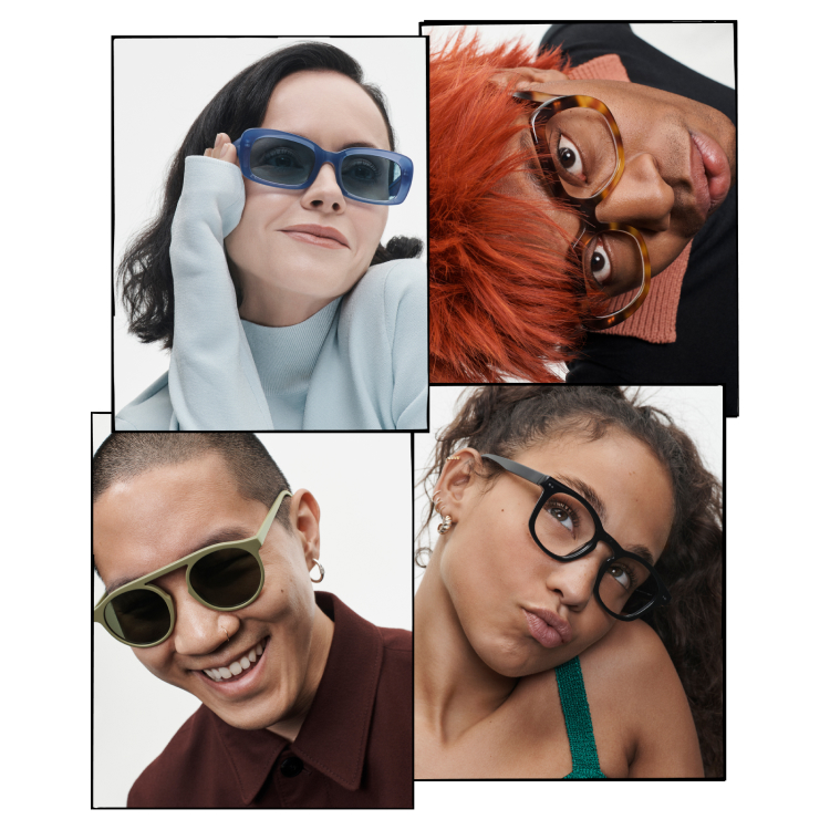 Portraits of four different influencers wearing Warby Parker eyeglasses and sunglasses