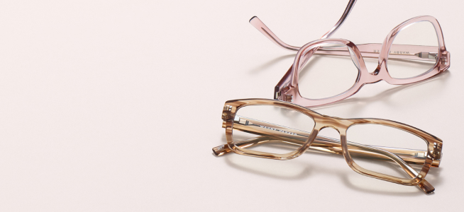 Acetate frame eyeglasses in shades of brown and pink