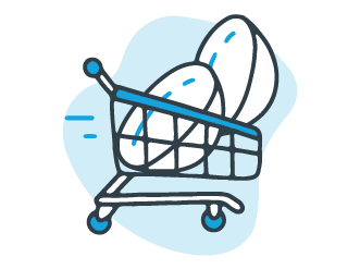 Illustration of a shopping cart with oversized contact lenses, set against a light blue background.