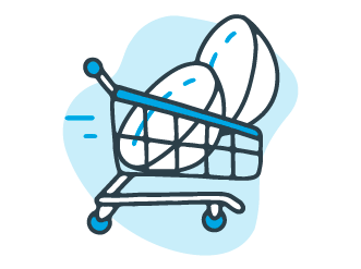 Illustration of a shopping cart with oversized contact lenses, set against a light blue background.