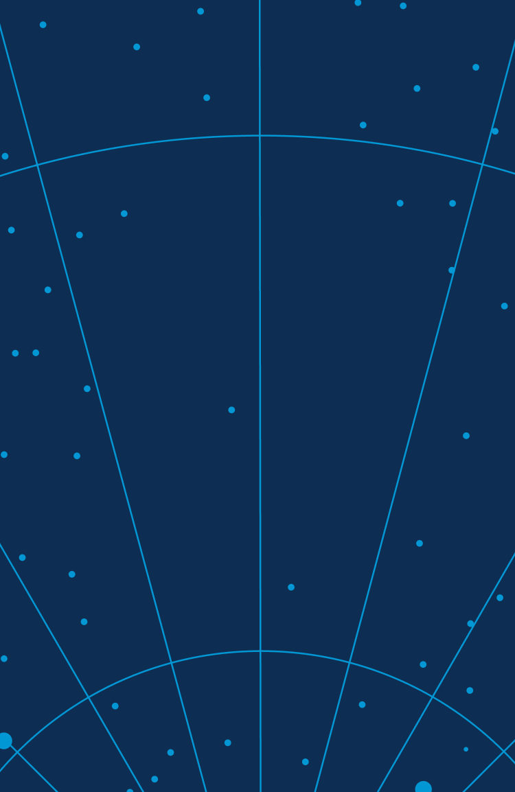 Abstract geometric design featuring multiple converging white lines creating segments on a dark blue background, scattered with various sizes of light blue dots.