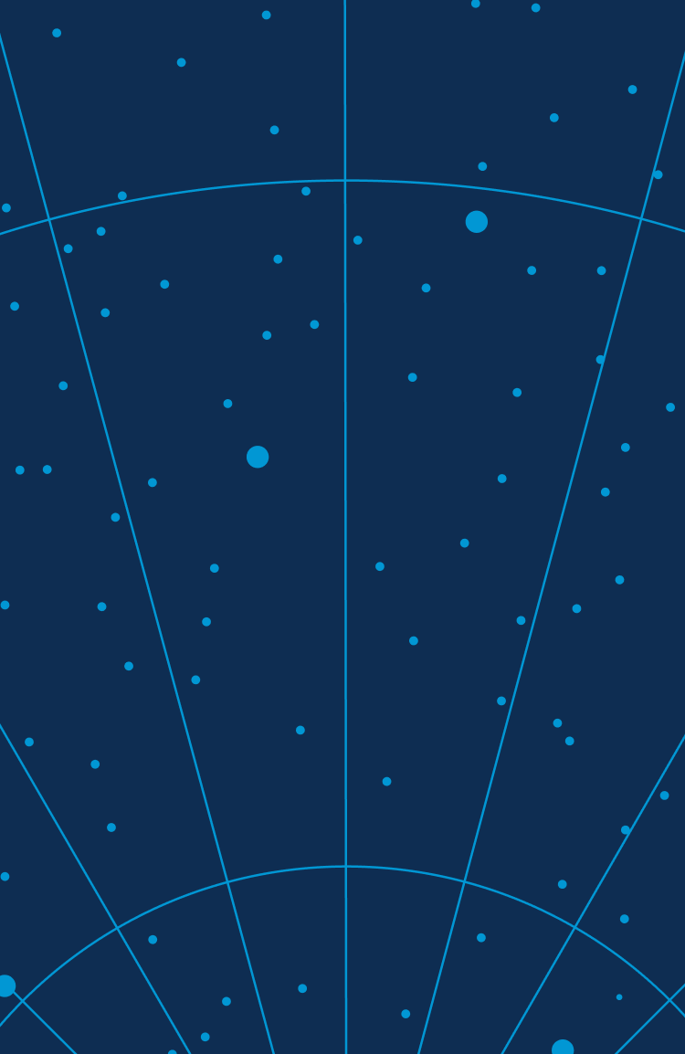 Abstract geometric design featuring multiple converging white lines creating segments on a dark blue background, scattered with various sizes of light blue dots.