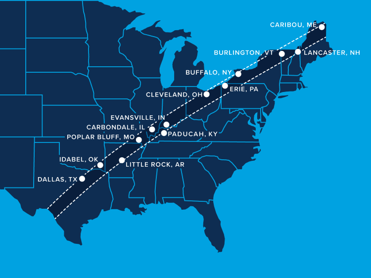 A map of the United States of America that depicts the eclipse’s path of totality and lists the following cities within it: Dallas, TX, Idabel, OK, Little Rock, AR, Poplar Bluff, MO, Paducah, KY, Carbondale, IL, Evansville, IN, Cleveland, OH, Erie, PA, Buffalo, NY, Burlington, VT, Lancaster, NH, and Caribou, ME