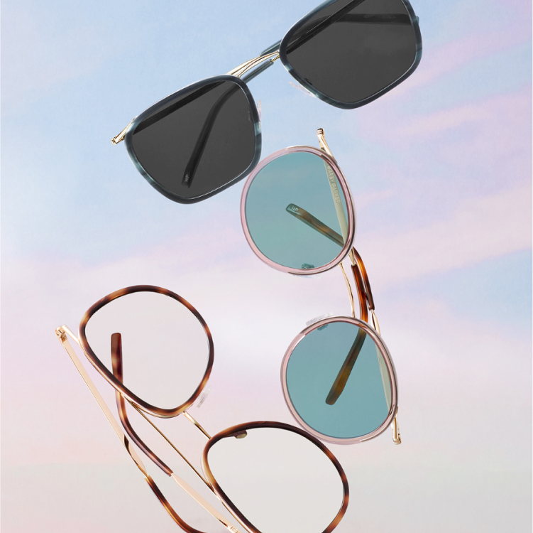 Mixed material frames in acetate and metal with a sky in the background