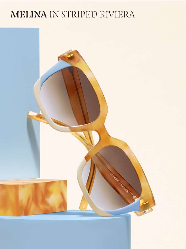 Stylish sunglasses in "Striped Riviera" colors, brown and blue, on geometric stands. Text: Melina in Striped Riviera.