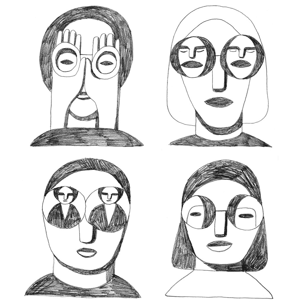 Animation of people with drawing in the eyes.