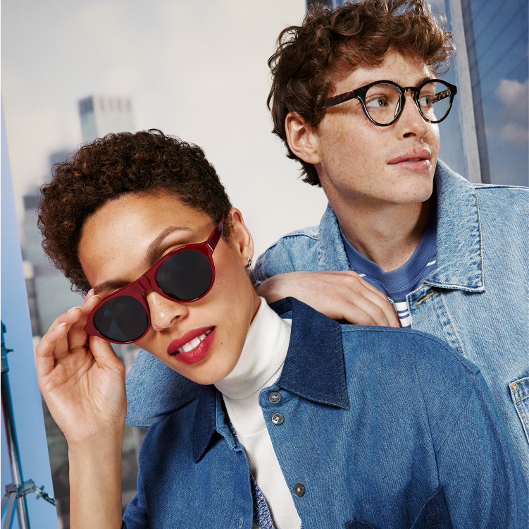 From left to right: Model wears the Peter Parker II sunglasses in Brick, and model wears the Peter Parker eyeglasses in Pumpernickel Tortoise.