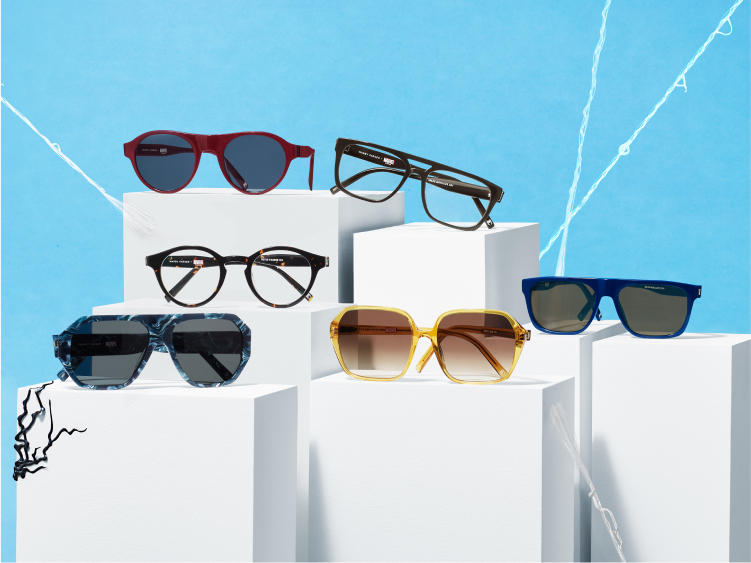 All six frames in the collection: the Peter Parker II sunglasses in Brick, the Miles Morales eyeglasses in Shadow, the Peter Parker eyeglasses in Pumpernickel Tortoise, the Miles Morales II sunglasses in Neptune, the Mary Jane sunglasses in Lemon, and the Venom sunglasses in Fog.