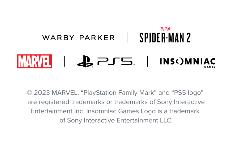 Logos for Warby Parker, Marvel's Spider-man 2, Marvel, PS5, and Insomniac