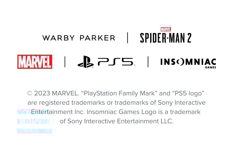Logos for Warby Parker, Marvel's Spider-man 2, Marvel, PS5, and Insomniac