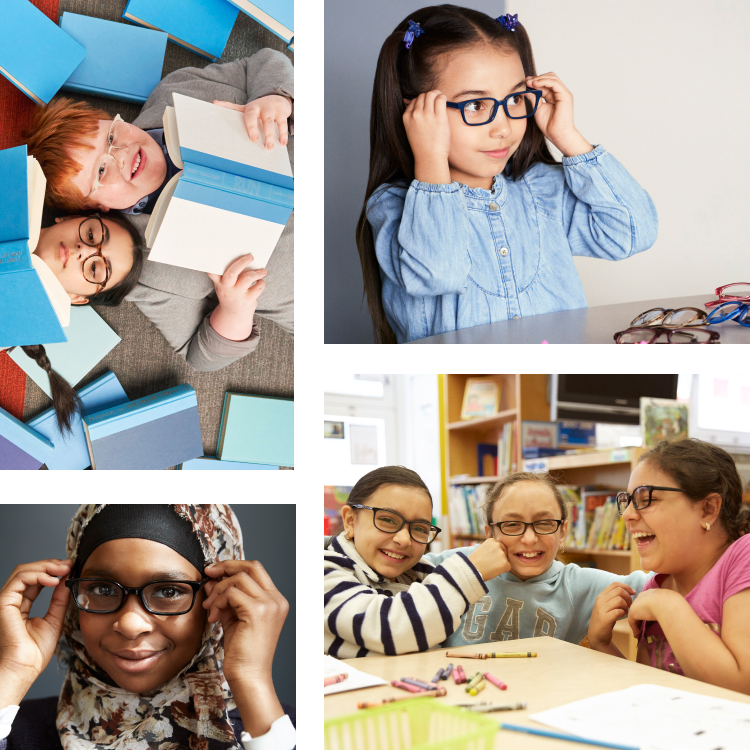 A collage of images of kids reading books, wearing eyeglasses, and playing.