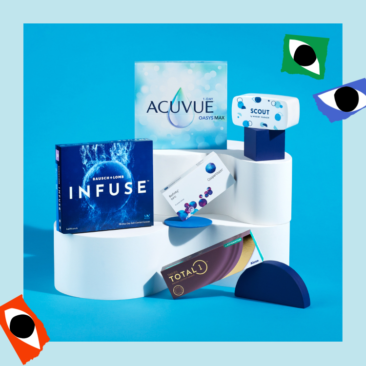 A variety of contacts from Acuvue, Bausch + Lomb, Biofinity, and DAILIES—plus our very down daily lens, Scout by Warby Parker.