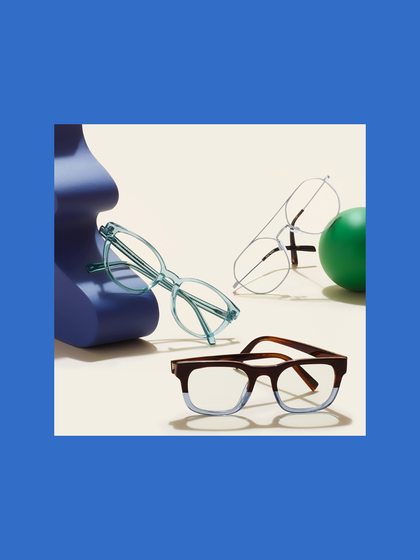 Clockwise from top: the Renaldo frame in Antique Silver, the Connor frame in Eastern Bluebird Fade, and the Elodie frame in Reef Crystal.