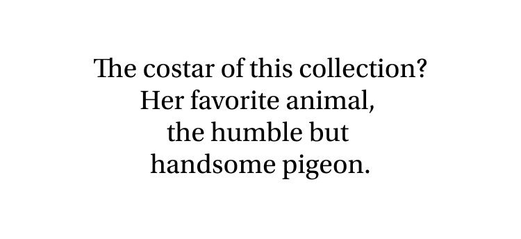 The costar of this collection: Her favorite animal, the humble but handsome pigeon.