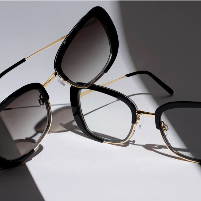 Close up on glasses one on top of another against a gray background.