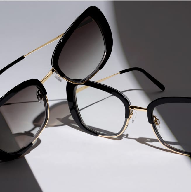 Close up on glasses one on top of another against a gray background.