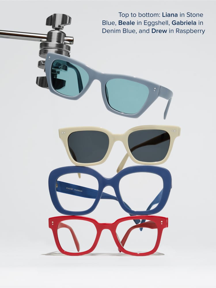 Stack of a eyeglasses and sunglasses.