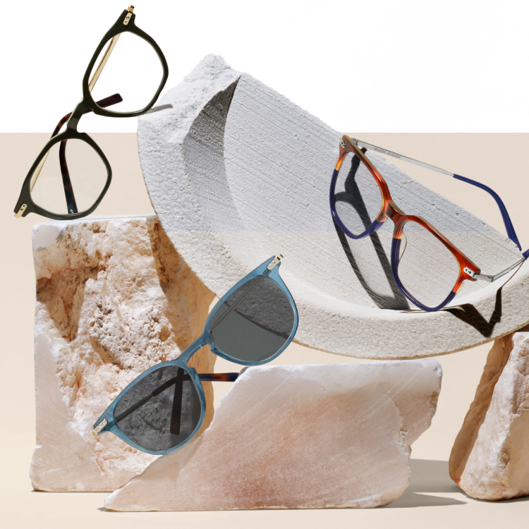 Terra Collection eyeglasses and sunglasses displayed on natural stones
