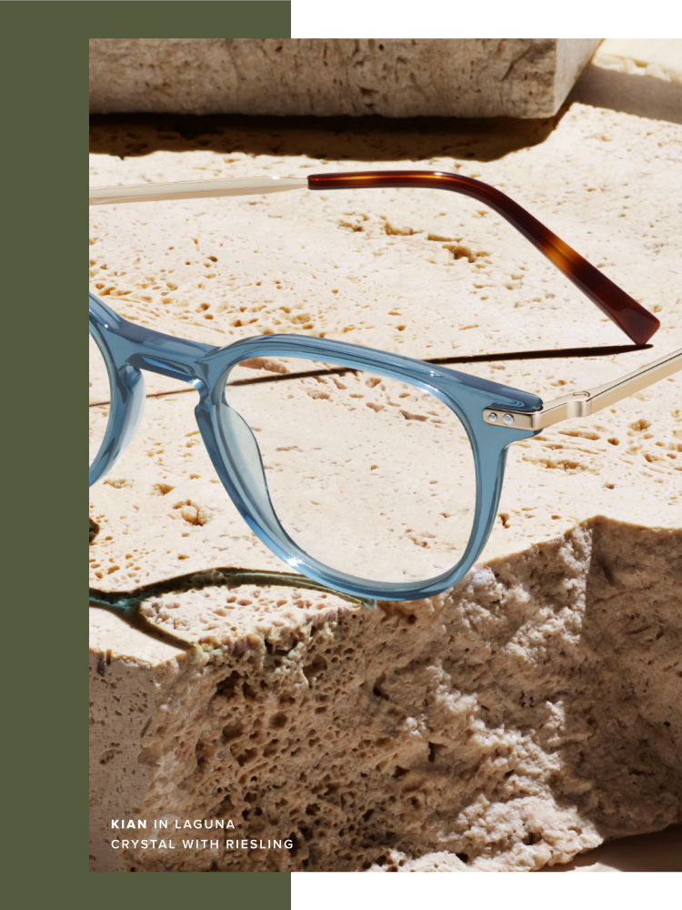 Detail shot of blue eyeglasses showing its metal hinges and raised graduated rivets