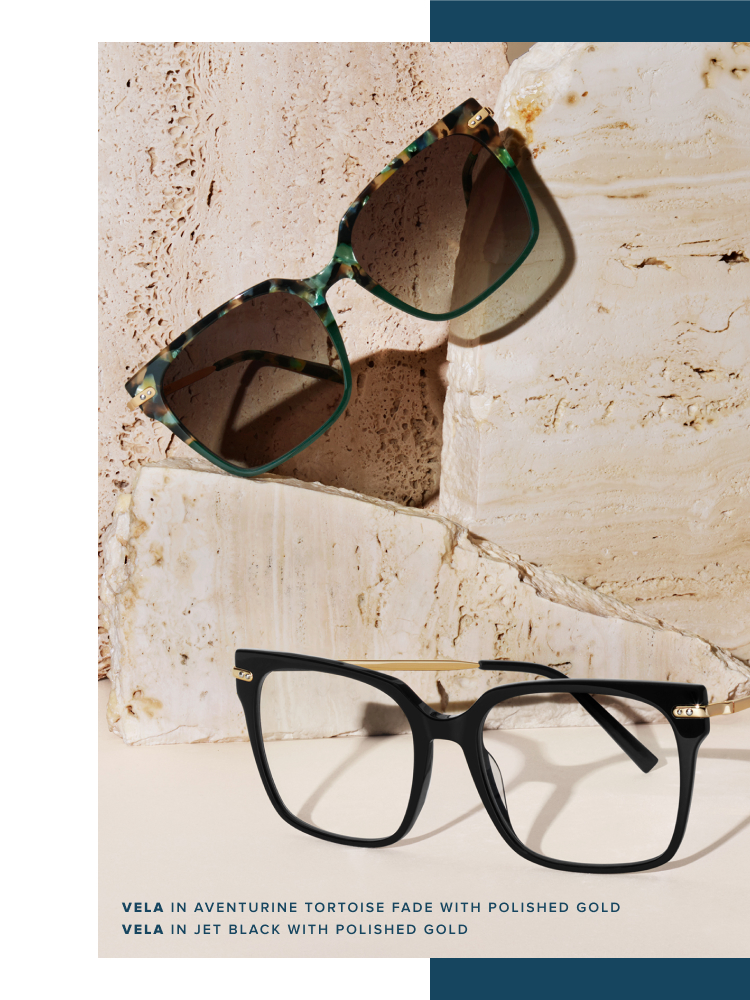 Square eyeglass and sunglass balanced on a terra clay