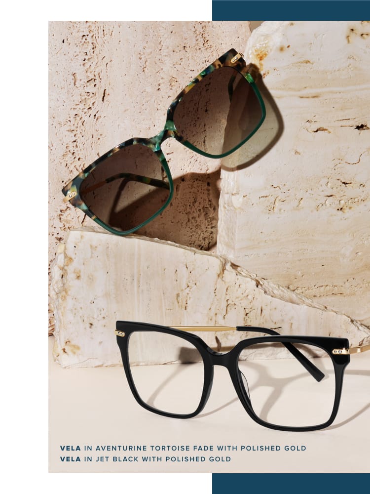 Square eyeglass and sunglass balanced on a terra clay