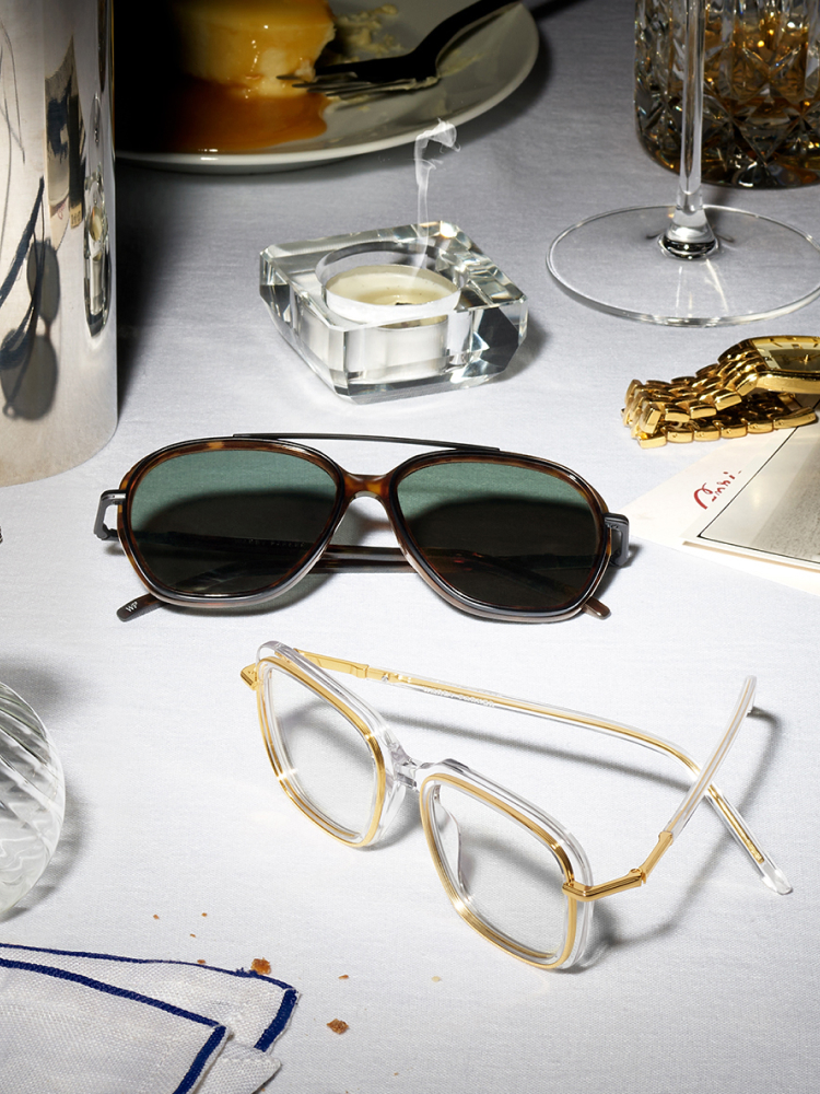From top to bottom, the Florian frame in Cognac Tortoise with Brushed Ink and the Beauford frame in Crystal with Polished Gold