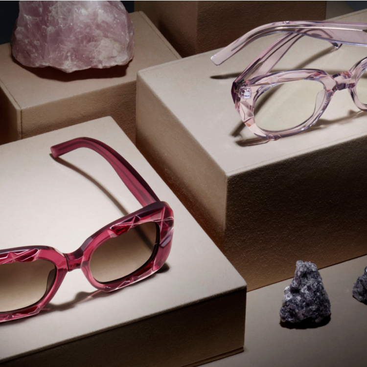 Geometric shaped eyeglasses and sunglasses in pink crystal frames