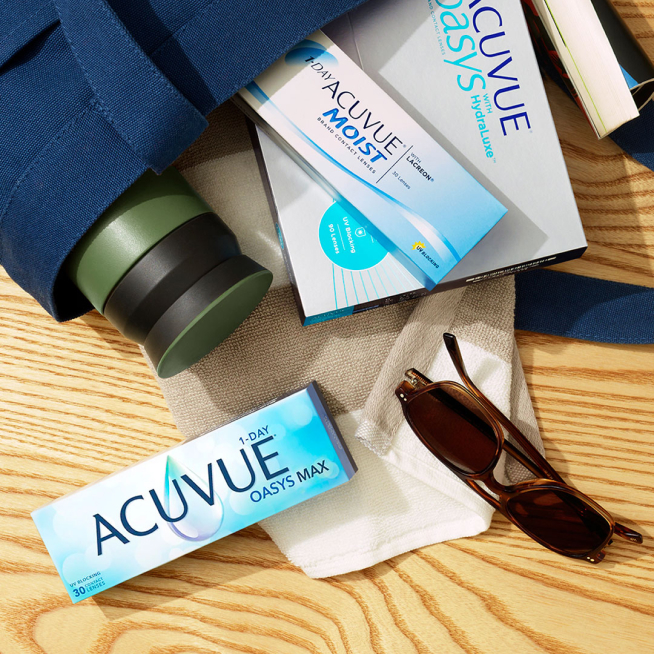 Acuvue Packaging with Sunglasses and Waterbottle