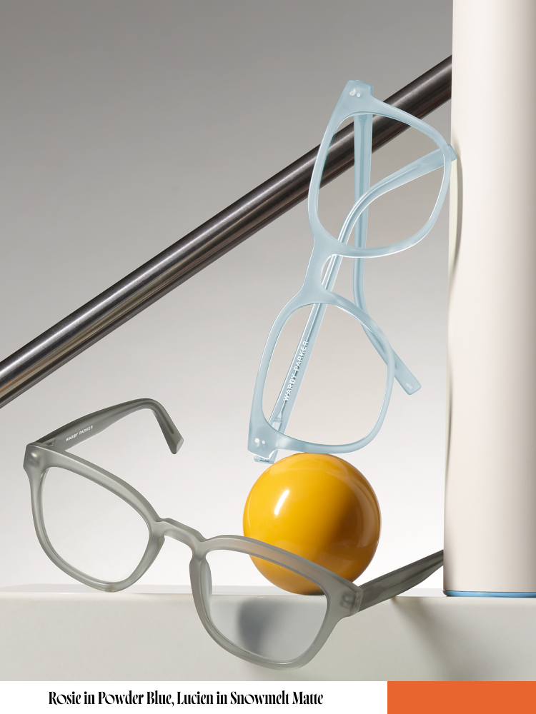 The Rosie frame in Powder Blue and the Lucien frame in Snowmelt Matte