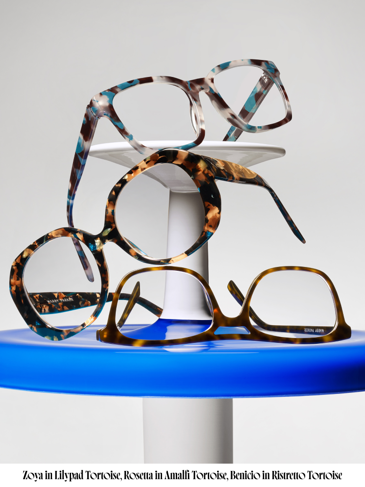 From top to bottom: The Zoya frame in Lilypad Tortoise, the Rosetta frame in Amalfi Tortoise, and the Benicio frame in Ristretto Tortoise