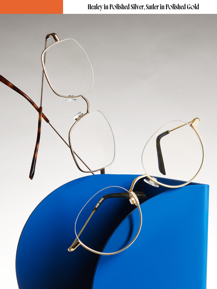 The Healey frame in Polished Silver and the Satler frame in Polished Gold