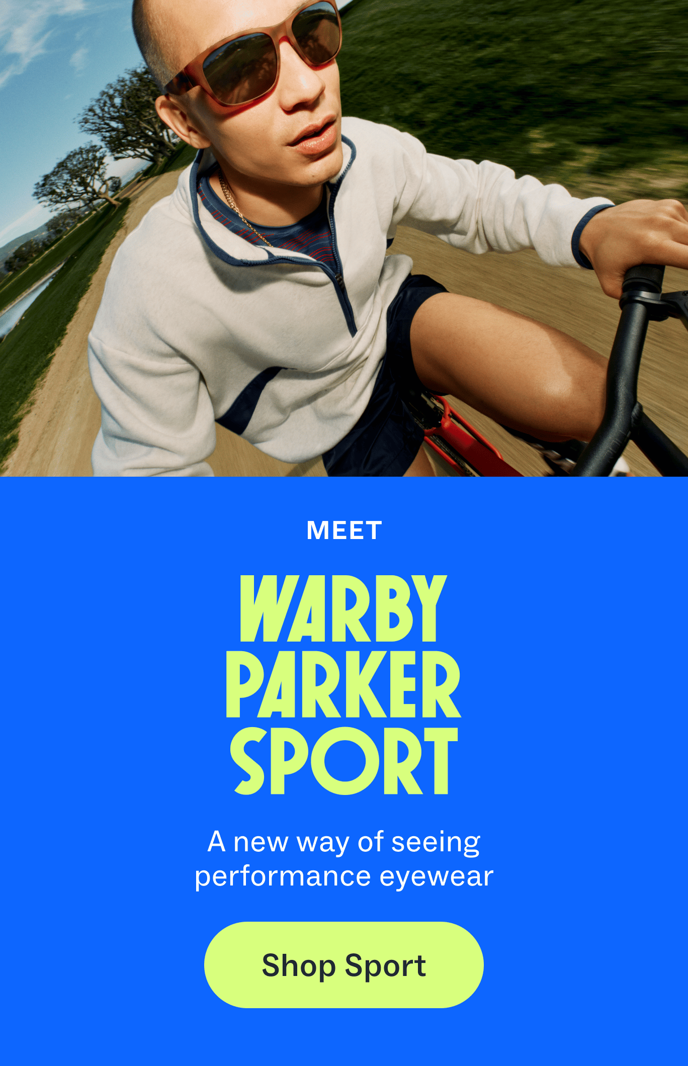 Warby Parker Sport ad with a person wearing sunglasses and text "A new way of seeing performance eyewear".