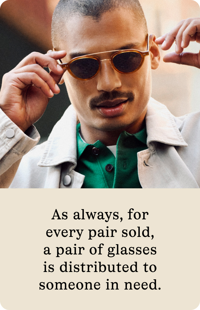 A text overlay on a green background says: "Pick from a palette of solid shades and timeless tortoises—all with adjustable nose pads."