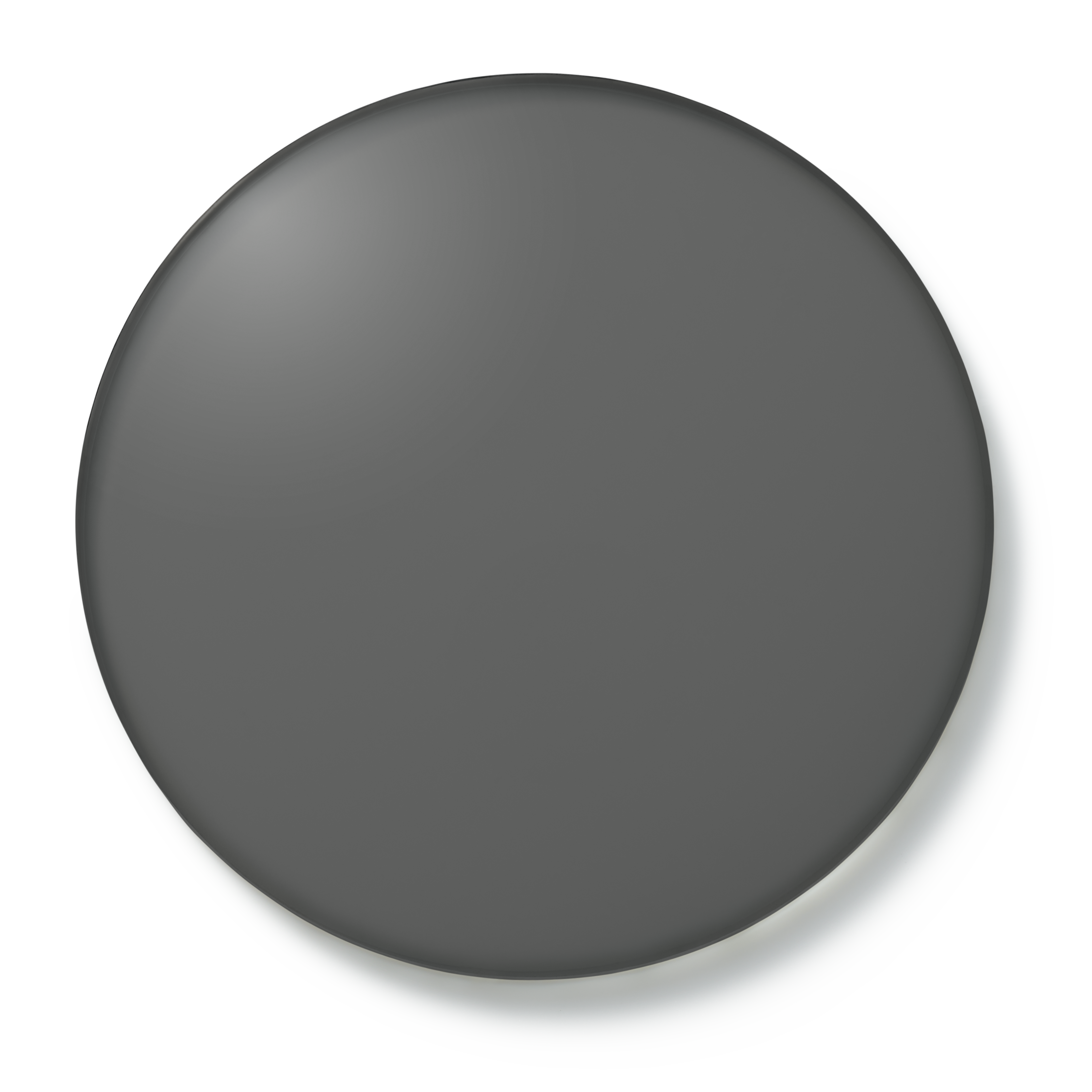 A smooth, dark gray button with a subtle shadow casts a small shadow.