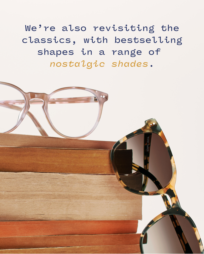 Glasses on stacked books with text about revisiting classics in nostalgic shades.