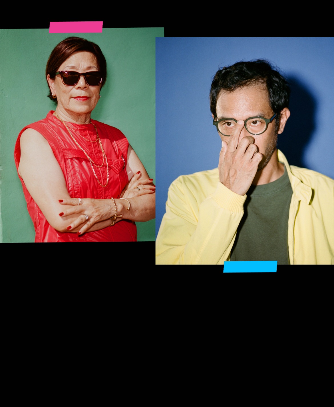 Two people are shown side-by-side. The woman on the left wears sunglasses and a red dress. The man on the right wears glasses and a yellow jacket.