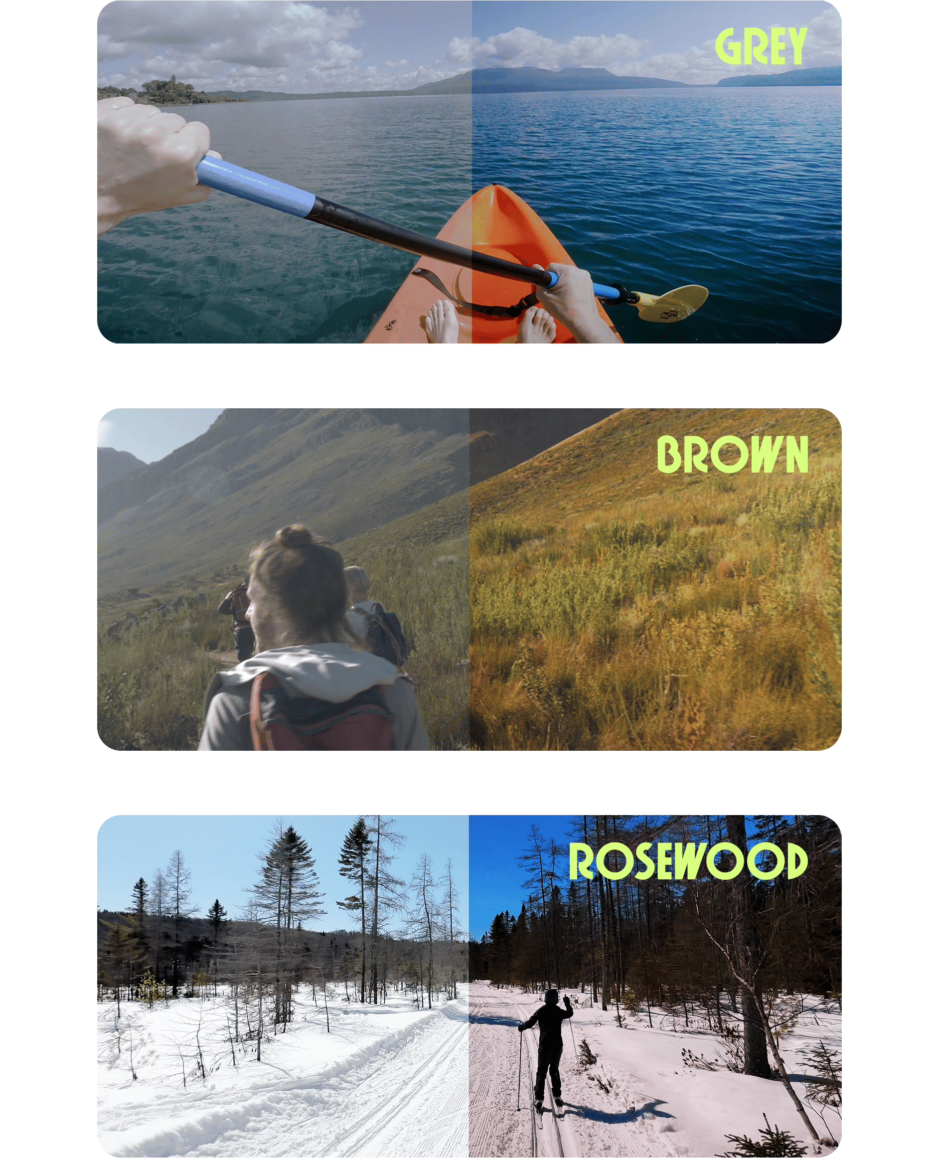 Split screen images showing the same scene with different color filters: Grey, Brown, and Rosewood.