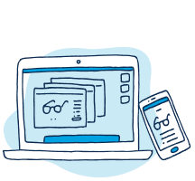 Illustration of a laptop displaying eyeglasses on its screen, with a smartphone beside it.