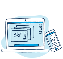Illustration of a laptop displaying eyeglasses on its screen, with a smartphone beside it.