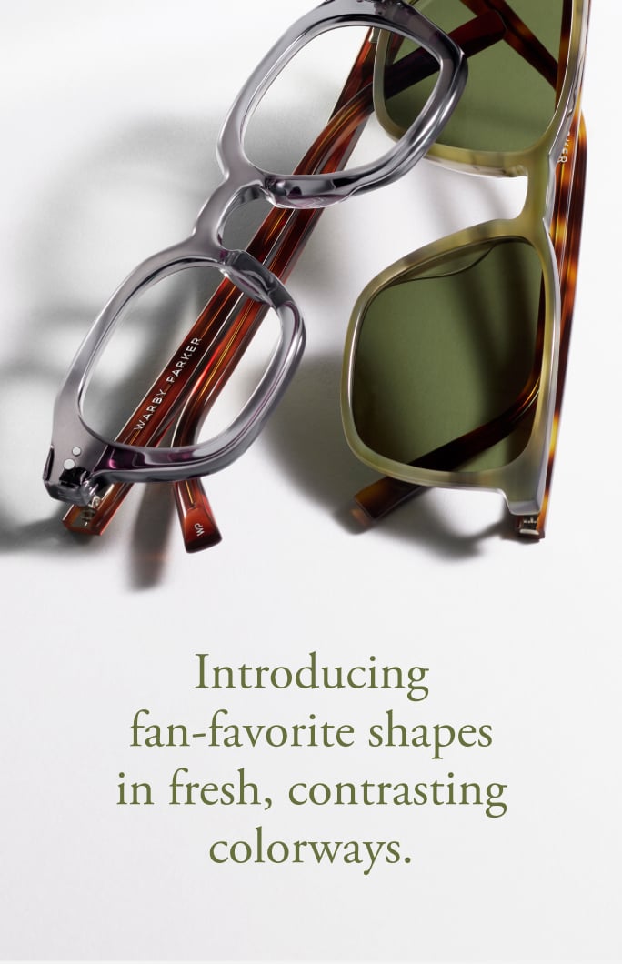 Two pairs of glasses, one with clear frames and one with tortoise shells, are displayed.
