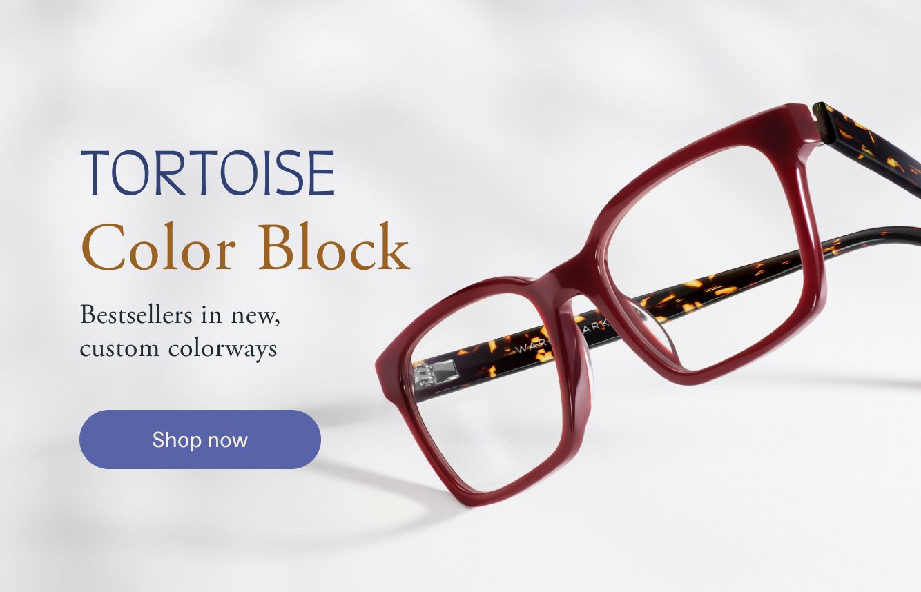 Red eyeglasses with tortoise print accents and a "Shop Now" button.