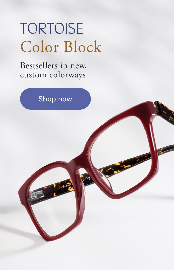 A woman models tortoise color block sunglasses with "Shop Now" button.