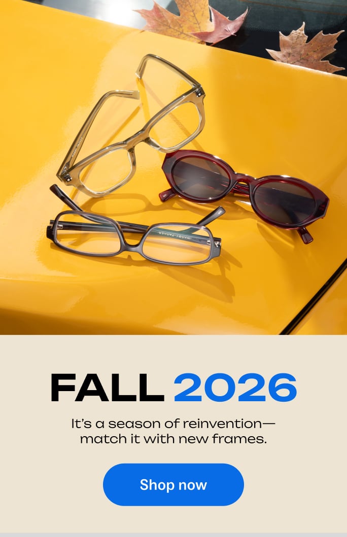 Three pairs of glasses on a yellow surface with fall leaves. Fall 2026. Shop now.