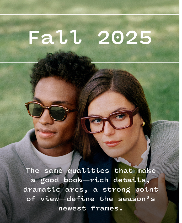Two people wearing stylish eyeglasses with Fall 2025 promotional text.
