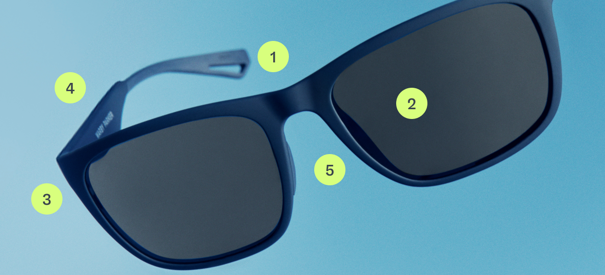 A close-up shot of dark blue sunglasses on a light blue background, with yellow dots marking different parts.