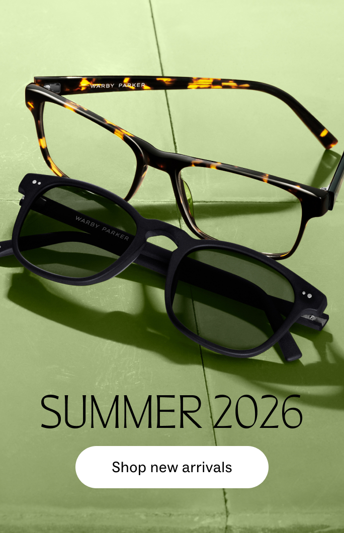 Two pairs of eyeglasses: one tortoiseshell, one black with clip-on lenses. "SUMMER 2026" text.