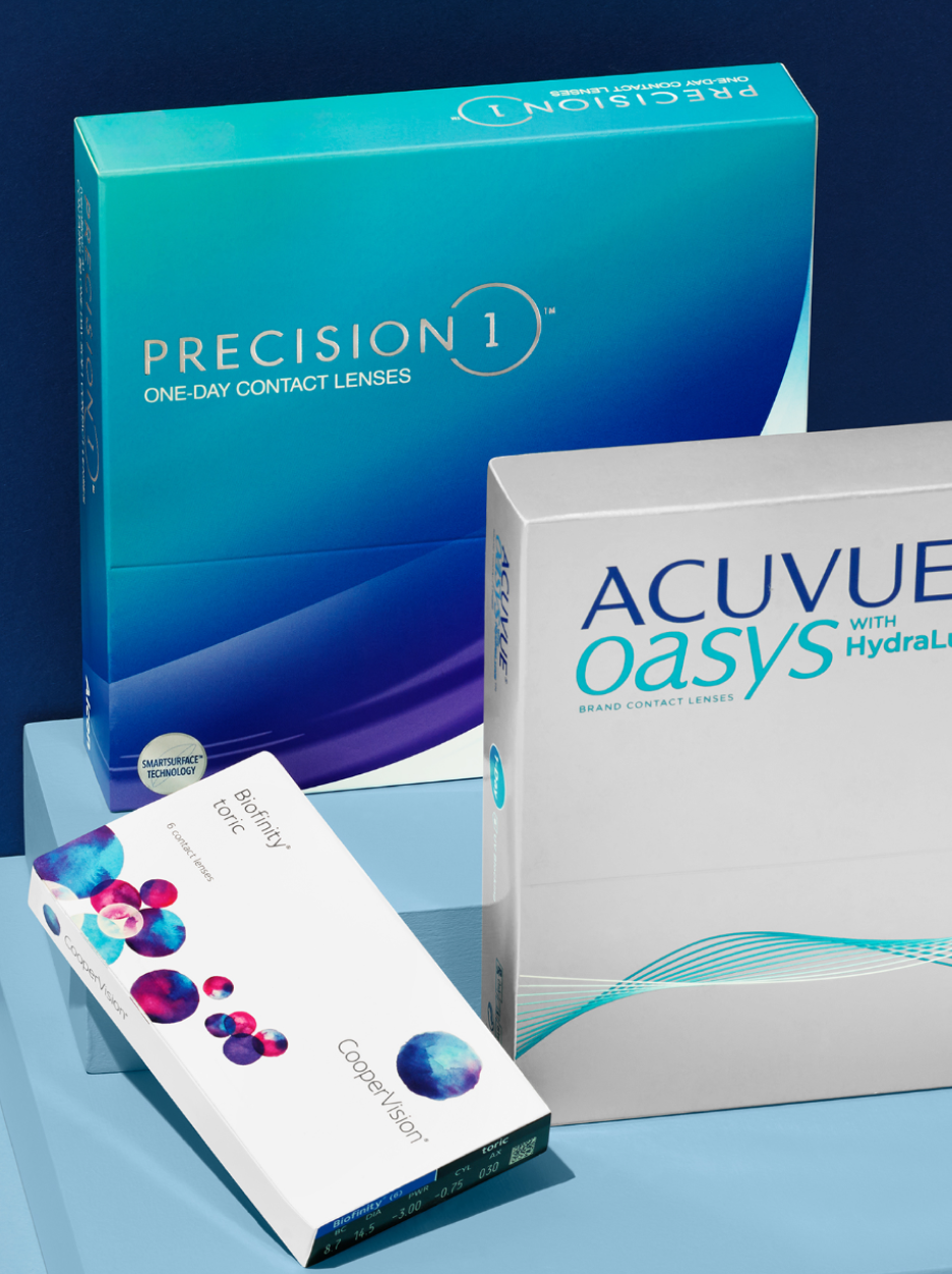 Various brands of contact lens boxes are displayed in a product shot with a blue background.