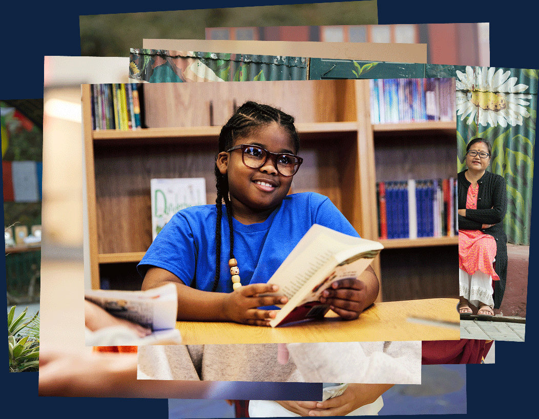 Collage of four images. Top left: Child wearing vision testing device. Top right: Smiling person sitting with books. Bottom left: Man with glasses smiling broadly. Bottom right: Child with a phoropter during an eye exam.