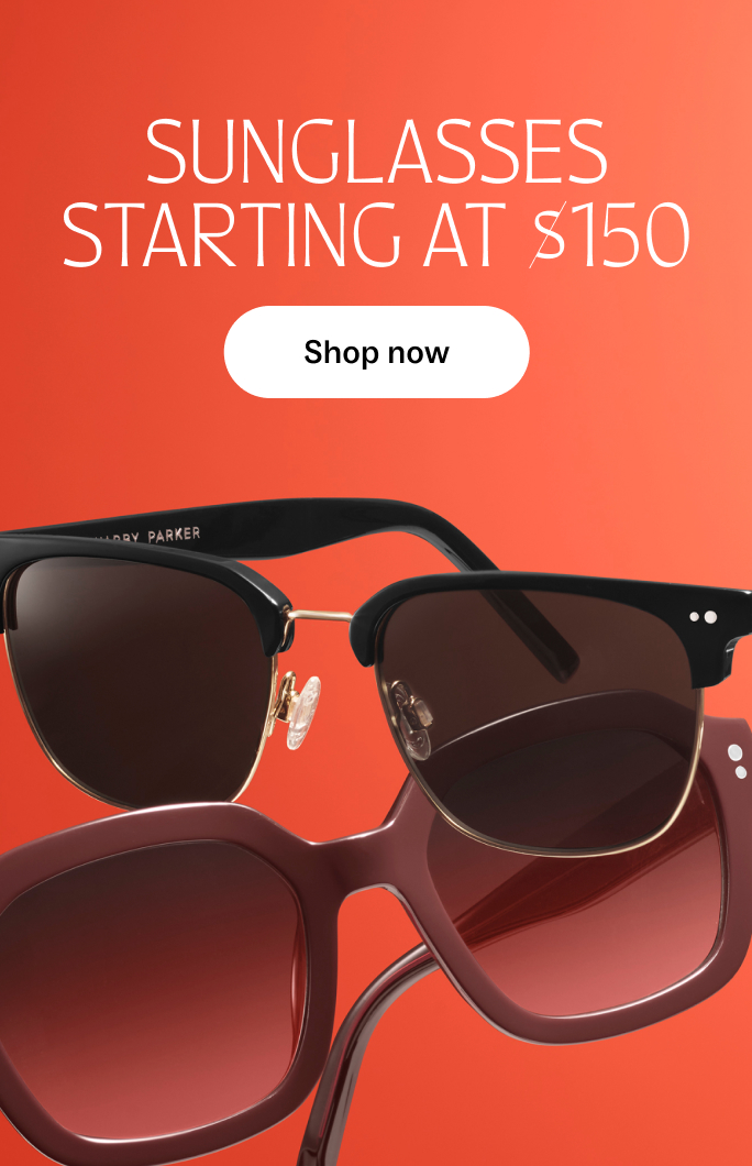 Shop sunglasses starting at $150. The ad features three pairs of sunglasses.