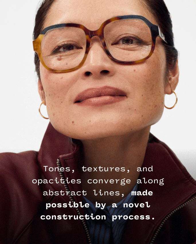 Close-up of people with text that reads: "Tones, textures, and opacities converge along abstract lines, made possible by a novel construction process."
